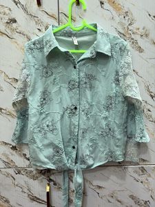 Chic Floral Embroidered Tie-Front Blouse