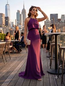 Pintresty long Plum Halter Neck Ruffle one piece