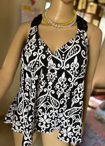 Patchwork Printed Open Back Tankini Swim Top