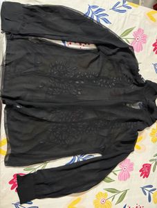 Black Sheer Embroidered Button-Up Shirt