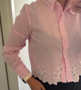Zara Pink Striped Lace Collar Crop Top