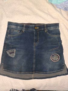 Blue Denim Mini Skirt with Patches