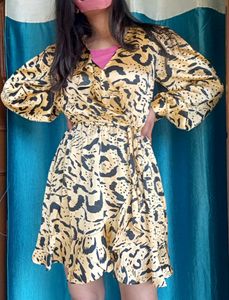 Heavy Satin Animal Print Wrap Style Dress