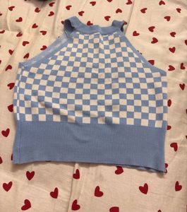 Checkerboard Halter Neck Knit Top