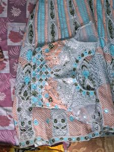 Elegant Blue &amp; Peach Embroidered Lehenga