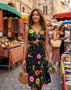 Vintage Floral Black A-Line Dress