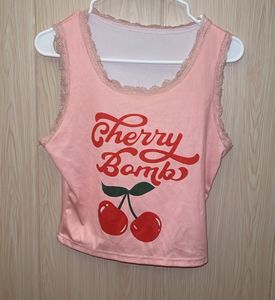 Pink "Cherry Bomb" Tank Top with Lace Trim