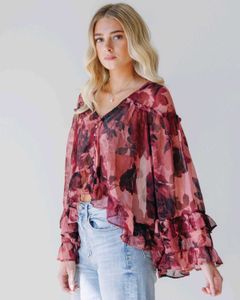 Sheer Floral Ruffle Blouse