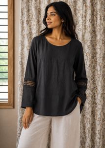 A.N.A Black Cotton Top with Embroidered Sleeves