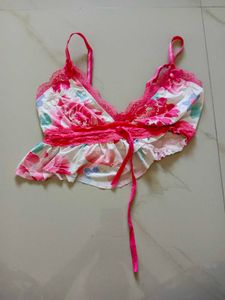 Floral Print Bra with Lace Trim