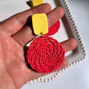 Handmade Red Swirl Earrings with Yellow Tops