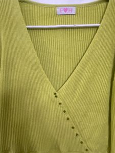 Y2K Lime Green Ribbed V-Neck Top