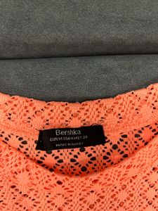 Neon Coral Crochet Short Sleeve Top