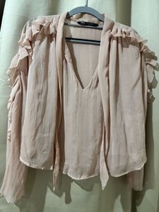 Sheer Ruffle Sleeve V-Neck Blouse