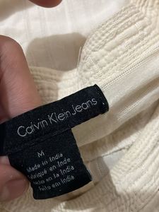 Calvin Klein Cream Puff Sleeve Smocked Top