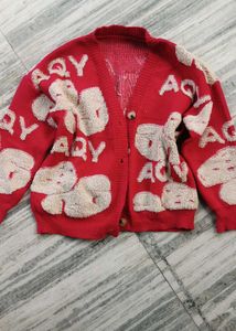 Cozy Red "AQY" Graphic Cardigan