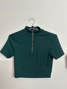 Green Cropped Zip-Up Top