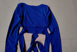 Mwb Blue Ribbed Crop Top with Tie
