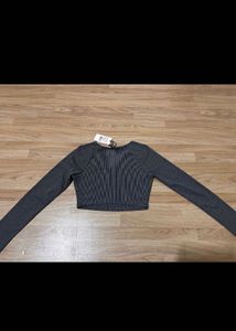 Grey Striped Ribbed Crop Top