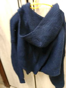 Navy Knit Cardigan with Oversized Collar