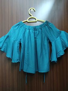 Teal Off-Shoulder Bell Sleeve Top