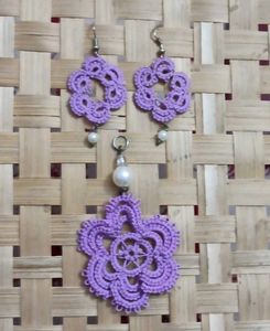Needle Tatting Flower Earrings & Pendant Set