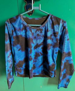 Blue &amp; Black Tie-Dye Mesh Long Sleeve Top