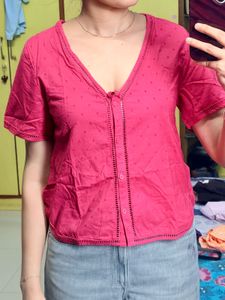 Pink Embroidered V-Neck Top
