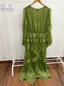 Olive Green Tiered Ruffled Swiss-Dot Maxi Dress