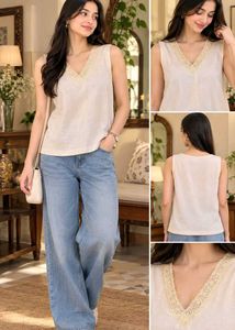 🇳🇿💫🎀Cream V-Neck Lace Trim Sleeveless Top