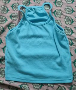 Blue Ribbed Halter Neck Crop Top