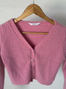 Pink Cropped Fuzzy Cardigan