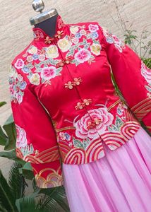 Embroidered Red Traditional Top with Pink Skirt