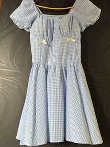 Cute Blue Gingham Puff Sleeve Dress