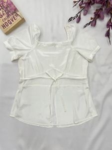 Chic White Puff Sleeve top,front slit