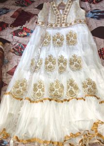 Elegant White &amp; Gold Anarkali Dress