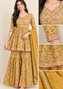 Yellow Floral Kurta Set with Sharara and Dupatta