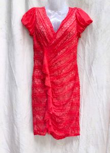 I. Red Lace Ruffle V-Neck Dress