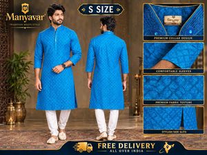 Manyavar Textured Blue Ethnic Kurta Top - Size S