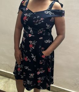Navy Blue &amp; Red Floral Printed Flare Dress