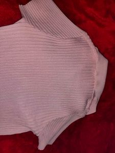 Pink Ribbed Collared Crop Top
