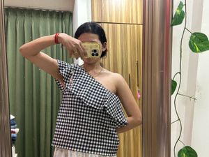 Checkered One-Shoulder Top