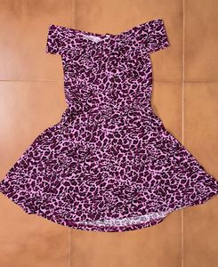 Pink Leopard Print Off-Shoulder Fit &amp; Flare Dress