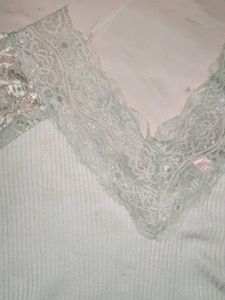 Light Blue Lace Trim Ribbed Top