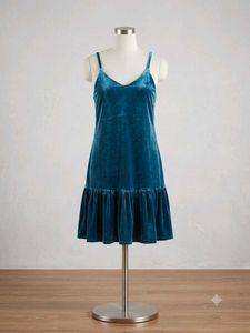 Teal Velvet Cami Dress with Ruffle Hem