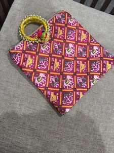 Ethnic Print Handbag with Unique Handle