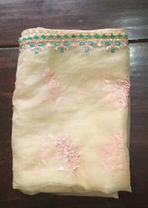 Organza peach colour duppata with  embroidery