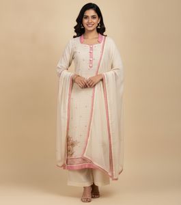 Elegant Cream Kurti with Pink Embroidery
