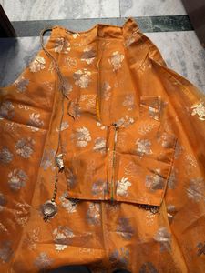 Orange Silk Lehanga Skirt with Floral Print
