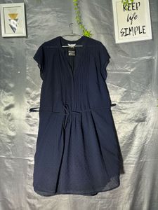 H&amp;M  navy blue pintuck chiffon dress